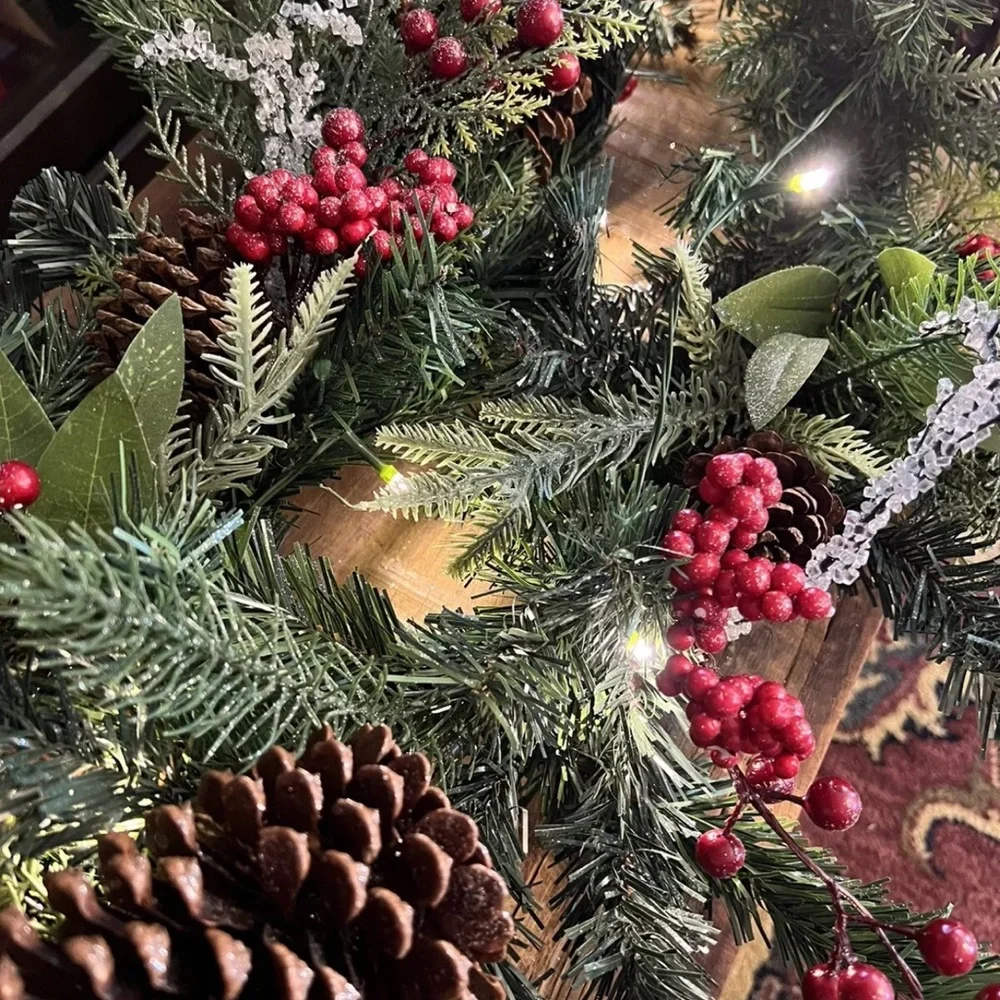 9 foot Premium Pre-lit Glittered Berries Pine Cones Garland, Farmhouse Christmas